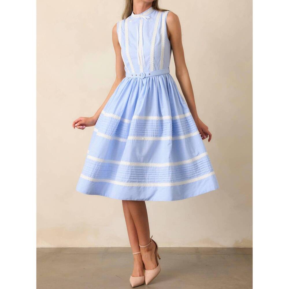 NEW PROSPERINA emma micro gingham lace midi dress in blue